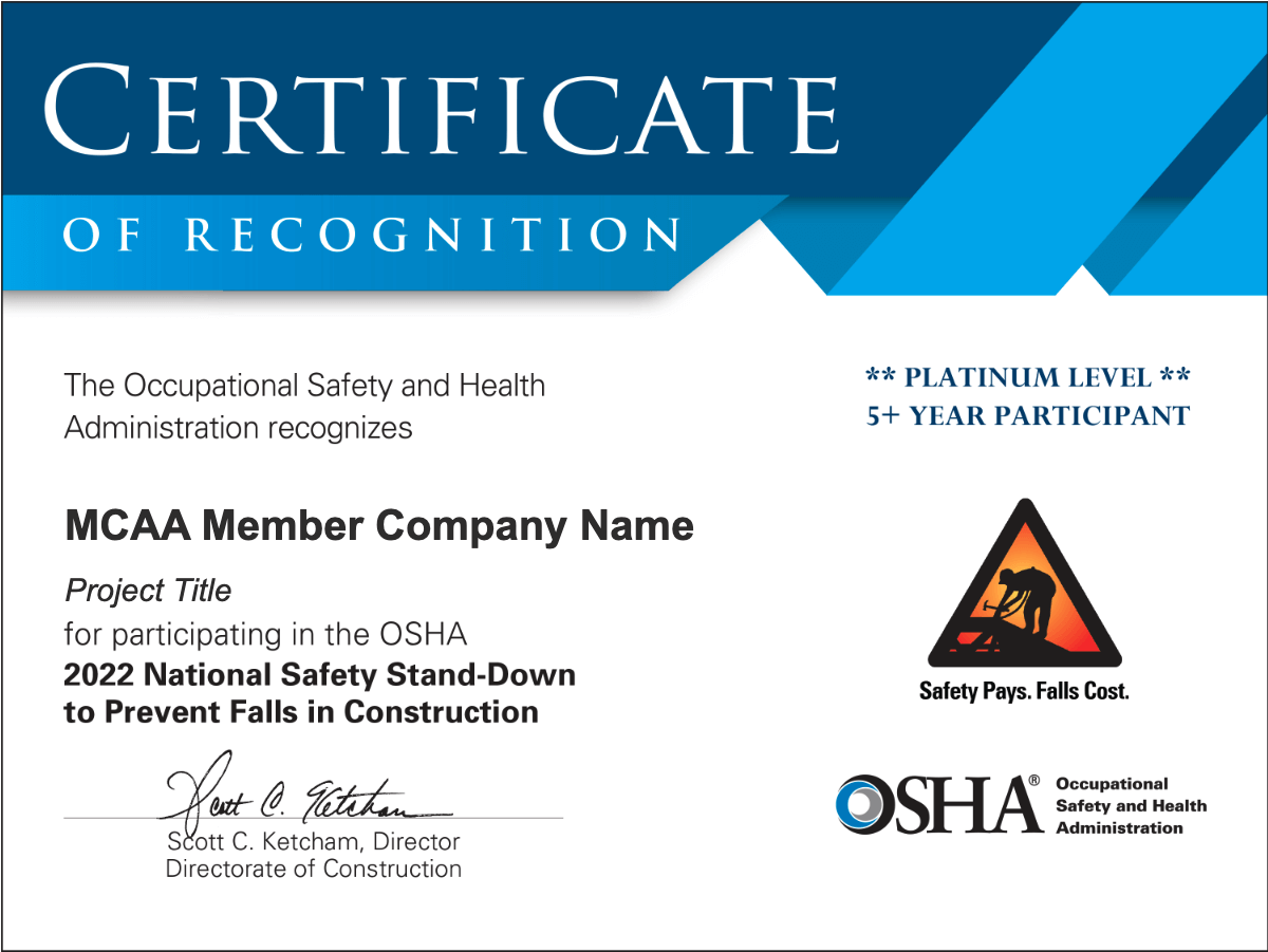 OSHA Safety Stand-Down Week Certificates Available